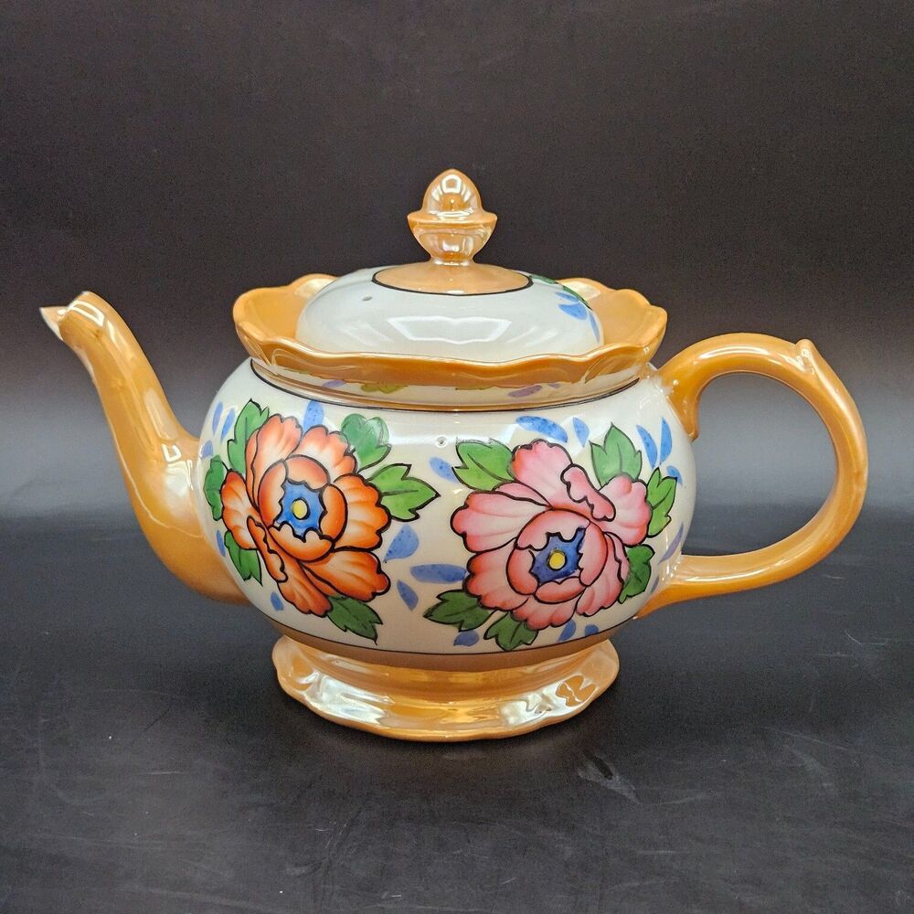 Japanese Lusterware Teapot Handpainted Chrysanthemum or Peonies (as is)